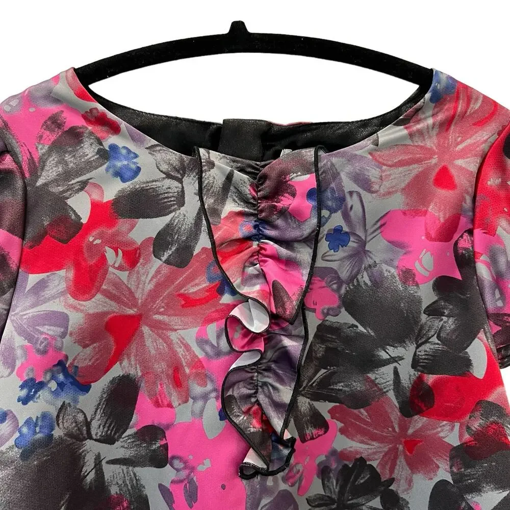 DKNY Girls Dress Floral Print Black Gray Pink Size Medium